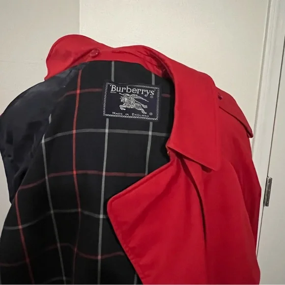 BURBERRYS' VINTAGE AUTHENTIC Red Trench Coat 10L Double Breasted Nova Check EUC - Picture 8 of 12